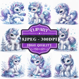 Icy Blossom Unicorn Clip Art| Set of 8 | High Quality 300 DPI JPEG | Printable Clipart | Personal and Commercial Use  |Sublimation Design