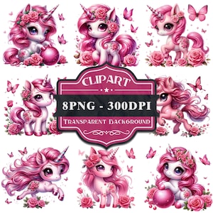 Rosy Unicorn Clipart: 8 PNG Designs, Transparent Background (Digital Download)