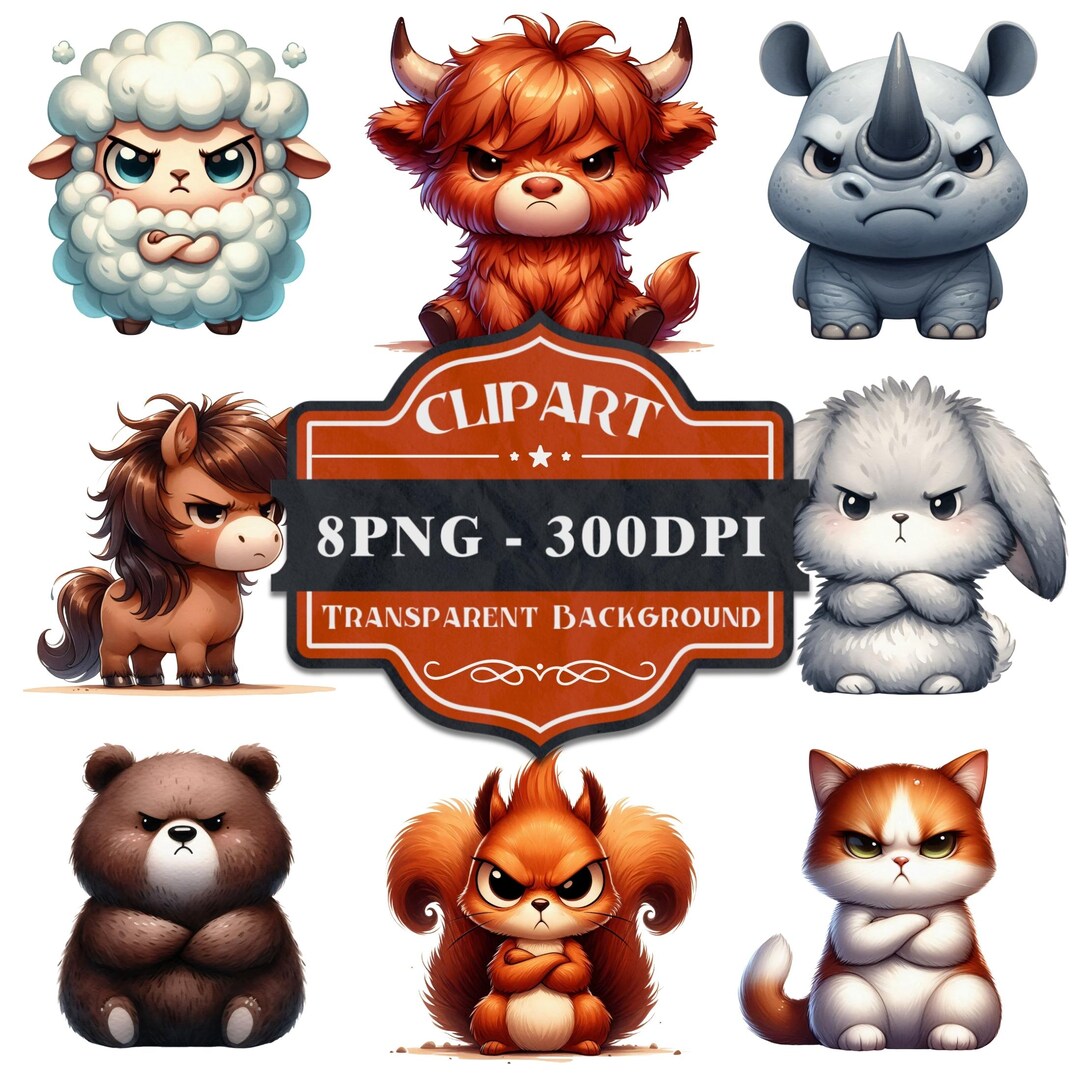 Grumpy Animals Delight Clip Art | Set of 8 | Transparent Background ...
