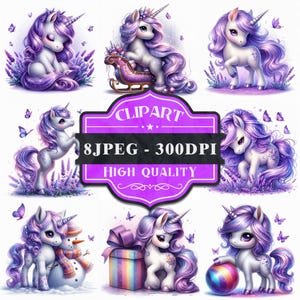 Lavendel Traum Einhorn ClipArt| 8er-Set | Hohe Qualität 300 DPI JPEG | Druckbare Clipart | Persönliche und kommerzielle Nutzung | Sublimationsdesign