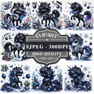 Midnight Christmas Unicorn ClipArt| Set of 8 | High Quality 300 DPI JPEG |Printable Clipart |Personal and Commercial Use |Sublimation Design