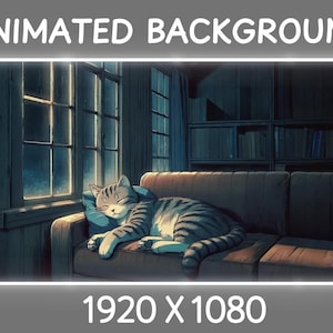 Animated Background for Twitch! Cosy Lounge With Sleepy Kitty And Rain, Seamless Loop, Stream Overlay and OBS