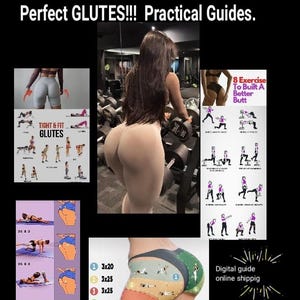 Puede incluir: Imagen que presenta guías de fitness y una mujer haciendo ejercicio con pesas. El texto incluye "Perfect GLUTES!!! Practical Guides." e instrucciones de ejercicios. La imagen también muestra un diagrama de ejercicios para glúteos.