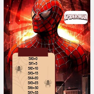 Puede incluir: Ilustración digital de Spider-Man con un traje rojo y negro. La imagen incluye texto y datos numéricos relacionados con un diseño de telaraña, con las palabras "SPIDER-MAN" en un cuadro blanco.