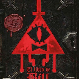Puede incluir: Un libro negro con un triángulo rojo y un solo ojo en la portada. El triángulo tiene una pajarita y una cruz en la parte superior. El texto "El libro de Bill" está escrito en rojo en la portada.