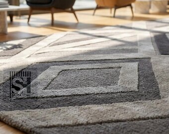 Hand-Tufted Geometric Rug | Grey Abstract Living Room Carpet | Modern Luxury Floor Decor