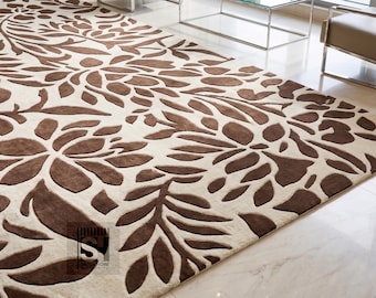 Hand-Tufted Wool Floral Area Rug | Beige Brown Botanical Carpet, Living Room Decor