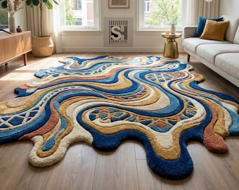 Abstract Wave Hand-Tufted Rug | Modern Sculpted Wool Carpet | Blue Mustard Organic Shape Rug