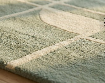 Modern Abstract Geometric Hand Tufted Rug – Sage Green & Ivory Wool Carpet for Living Room