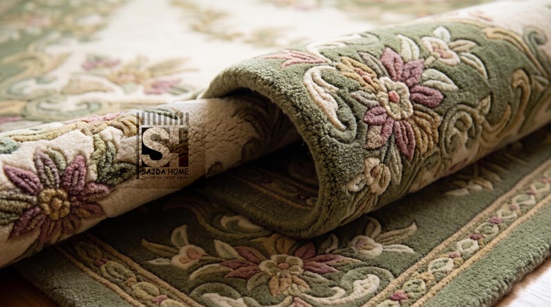 Puede incluir: Primer plano de una alfombra enrollada con un dise&ntilde;o floral. La alfombra presenta un fondo crema con patrones florales verdes y rosas. Los bordes son de color verde oscuro con un borde decorativo. La marca "SAJDA HOME" es visible.