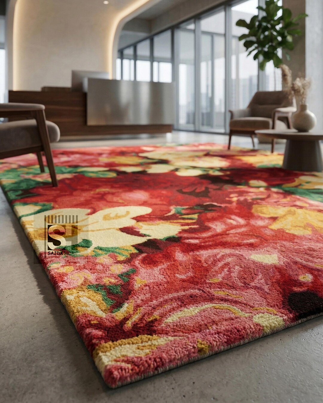 Hand-tufted Oversized Floral Area Rug | Vibrant Red, Yellow, Green ...