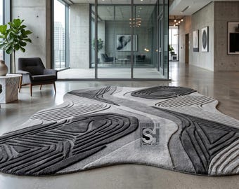 Alfombra de topografía moderna / Alfombra abstracta de lana gris con tallado profundo
