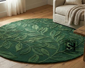 Alfombra redonda de lana tejida a mano con diseño de hojas en 3D, moderna alfombra verde