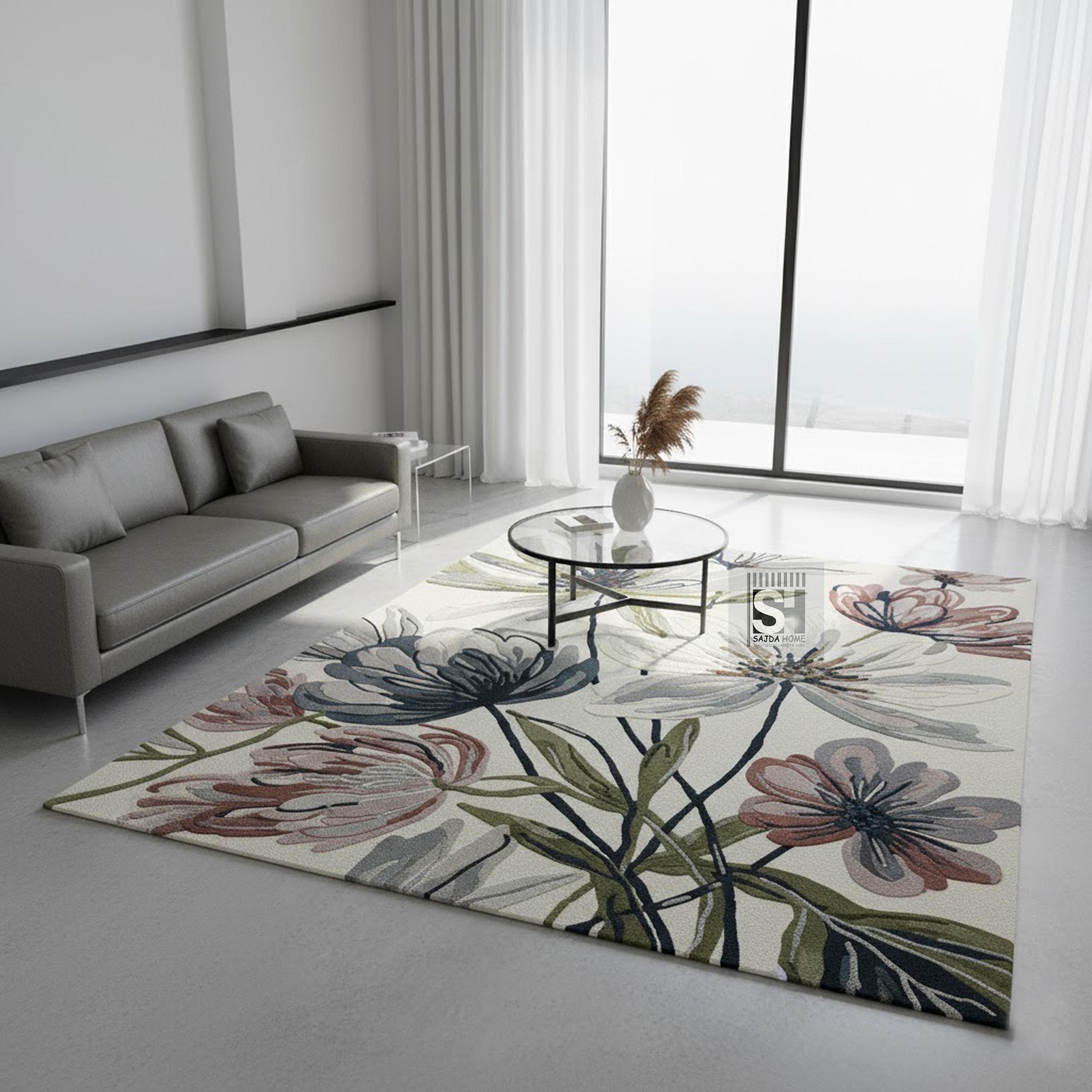 Hand Tufted Wool Floral Area Rug | Modern Botanical Carpet, Pastel ...