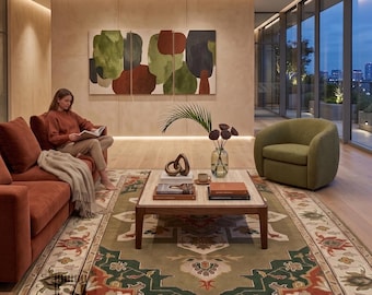 Hand-Tufted Olive Green Geometric Medallion Rug | Mid-Century Modern Living Room Carpet
