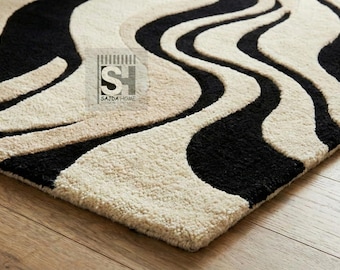 Modern Abstract Wave Area Rug – Black, Cream & Beige