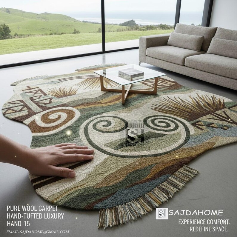 Puede incluir: Una alfombra de lana pura, hecha a mano, con una forma org&aacute;nica &uacute;nica. La alfombra presenta una mezcla de tonos terrosos, verdes, marrones y crema, con intrincados dise&ntilde;os en espiral y geom&eacute;tricos. La alfombra tiene un borde con flecos.