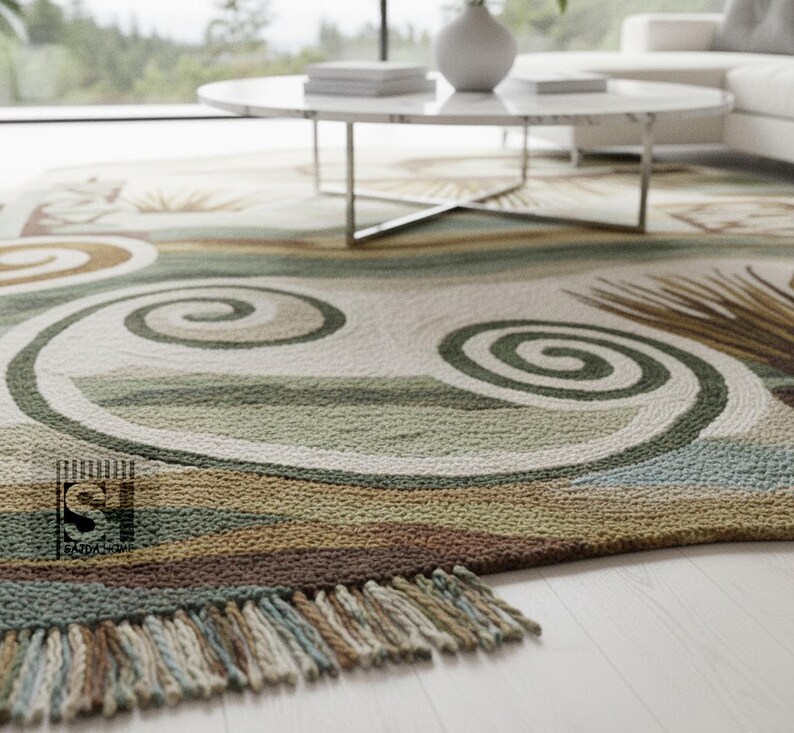 Puede incluir: Una alfombra hecha a mano con un dise&ntilde;o costero. La alfombra presenta un fondo crema con remolinos y rayas verdes, marrones y azules. La alfombra tiene un borde con flecos y est&aacute; colocada sobre un suelo de madera clara.