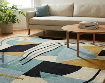 Hand-Tufted Abstract Geometric Wool Rug | Teal Blue, Mustard Yellow, Cream Area Carpet