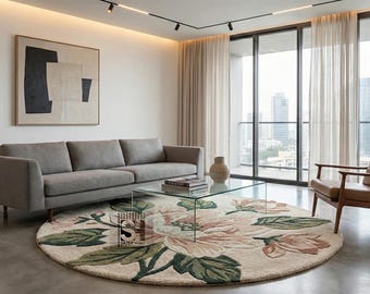 Hand-Tufted New Zealand Wool Rug – Round Rose Floral Carpet