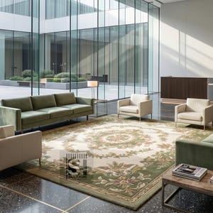 Puede incluir: Interior de un vest&iacute;bulo moderno con sof&aacute;s verdes, sillones color crema y una alfombra estampada. Una escultura de bronce se encuentra sobre una base de piedra. El espacio tiene grandes ventanales y una recepci&oacute;n.