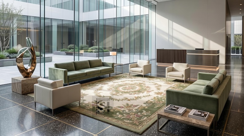 Puede incluir: Interior de un vest&iacute;bulo moderno con sof&aacute;s verdes, sillones color crema y una alfombra estampada. Una escultura de bronce se encuentra sobre una base de piedra. El espacio tiene grandes ventanales y una recepci&oacute;n.