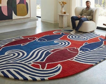 Hand-Tufted Oval Wool Rug – Red & Blue Koi Fish, Japanese Style