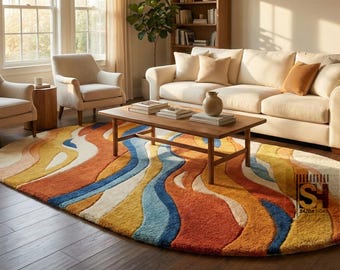 Hand-Tufted Oval Rug | Modern Abstract Wavy Pattern