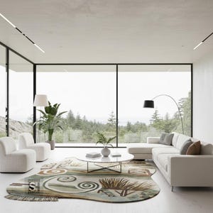 Puede incluir: Un sal&oacute;n moderno con una gran ventana con vistas a un bosque. La habitaci&oacute;n cuenta con un sof&aacute; seccional blanco, dos sillones blancos, una mesa de centro redonda de m&aacute;rmol y una alfombra estampada con tonos verdes, marrones y beige. Una l&aacute;mpara de pie negra y una planta en maceta completan la decoraci&oacute;n.
