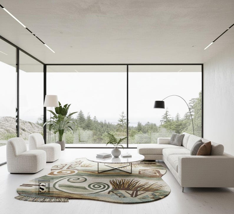 Puede incluir: Un sal&oacute;n moderno con una gran ventana con vistas a un bosque. La habitaci&oacute;n cuenta con un sof&aacute; seccional blanco, dos sillones blancos, una mesa de centro redonda de m&aacute;rmol y una alfombra estampada con tonos verdes, marrones y beige. Una l&aacute;mpara de pie negra y una planta en maceta completan la decoraci&oacute;n.