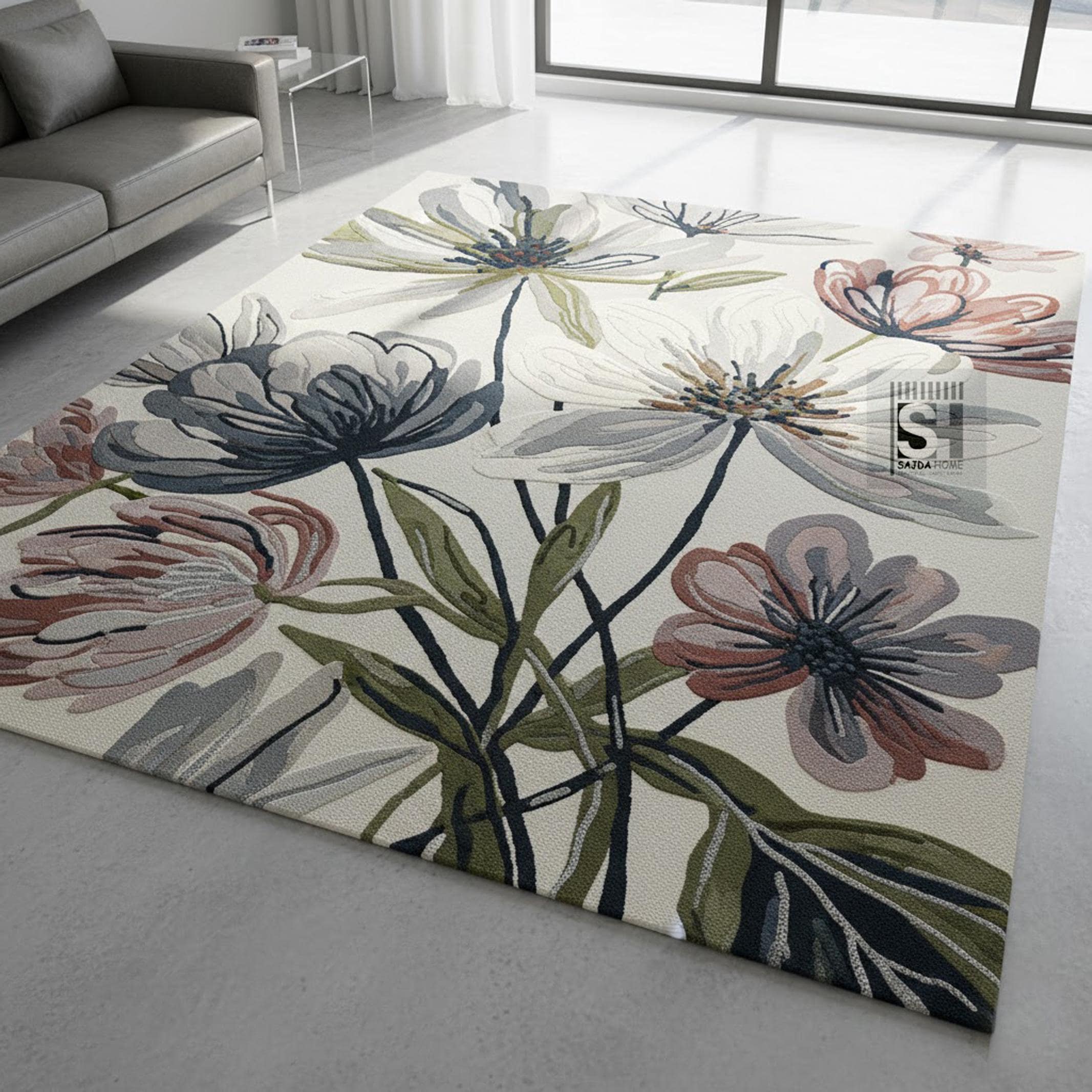Hand Tufted Wool Floral Area Rug | Modern Botanical Carpet, Pastel ...