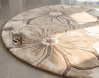 Hand Tufted Wool Round Rug | Modern Beige Floral Design Carpet