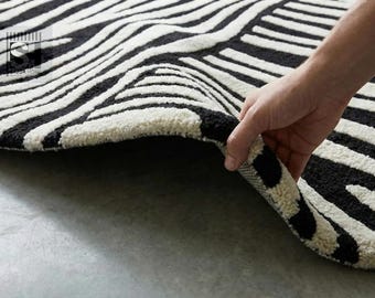 Modern Abstract Black & Ivory Round Hand-Tufted Wool Rug | Geometric Striped Designer Carpet