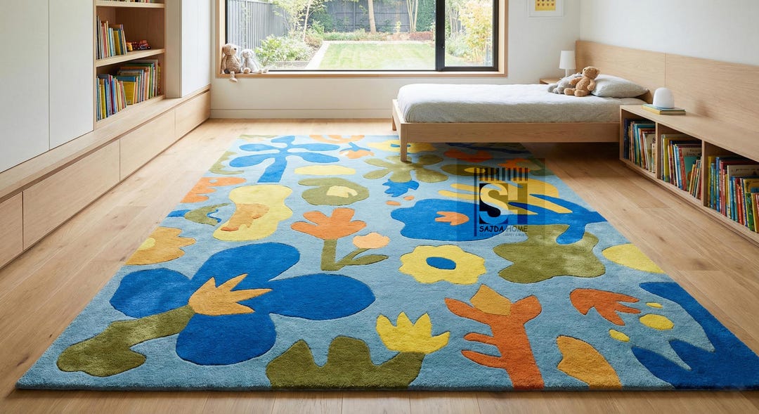 Hand-tufted Wool Kids Rug, Abstract Floral Nursery Carpet - Etsy