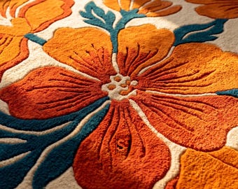 Alfombra floral tejida a mano / Alfombra con forma botánica naranja, pieza decorativa moderna para la sala de estar.