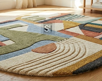 Hand-Tufted Geometric Rug, Multicolor Geometric Wool Carpet Living room By Sajda home