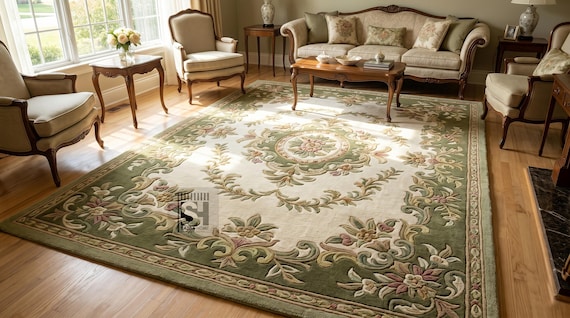 Hand-Tufted Wool Rug – Classic Floral European Style Area Carpet