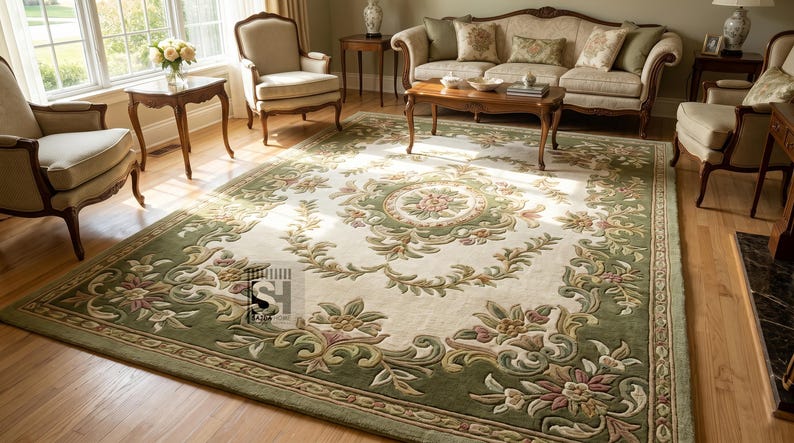 Puede incluir: Una gran alfombra rectangular con un dise&ntilde;o floral en un sal&oacute;n. La alfombra presenta un centro color crema con un detallado patr&oacute;n floral en tonos verdes, rosas y dorados, enmarcado por un borde verde. Est&aacute; colocada sobre un suelo de madera.