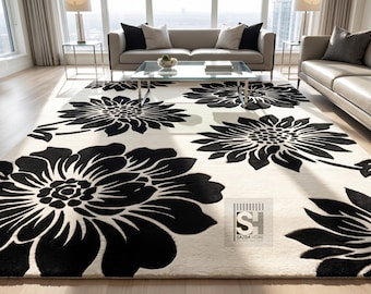 Hand-Tufted Wool Floral Rug | Modern Black & White Oversized Flower Carpet