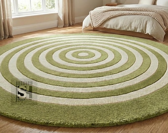 Hand-Tufted Wool Round Rug | Green & Ivory Concentric Circles