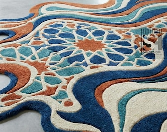 Abstract Wave Hand-Tufted Rug | Modern Sculpted Wool Carpet | Blue Mustard Organic Shape Rug
