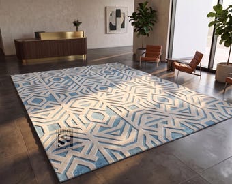 Hand-Tufted Geometric Bauhaus Wool Rug | 3D Sculpted High-Low Pile Carpet