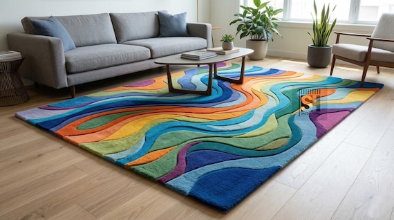 Modern Wavy Rainbow Area Rug | Colorful Abstract Hand-Tufted Carpet | Contemporary Living Room Decor