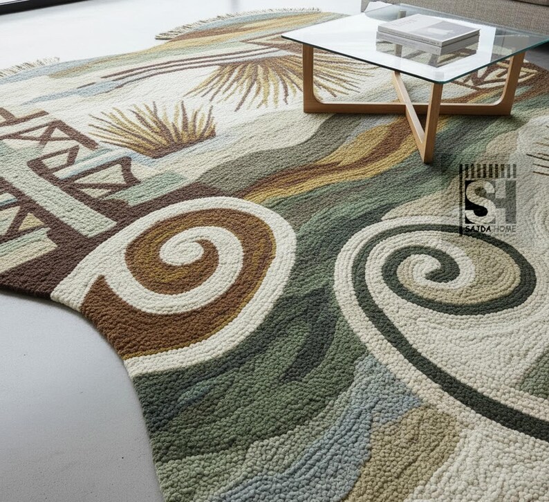 Puede incluir: Una alfombra grande y texturizada con un dise&ntilde;o abstracto. Presenta patrones arremolinados y formas geom&eacute;tricas en tonos marr&oacute;n, verde, beige y azul. La alfombra est&aacute; colocada sobre un suelo claro, con una mesa de centro con tapa de cristal al fondo.