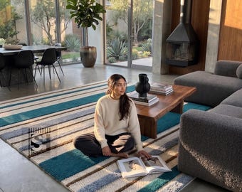 Hand-Tufted Wool Striped Area Rug | Teal, Cream, Brown High-Low Textured Carpet