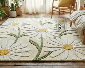 Alfombra de margaritas tejida a mano: suave tacto de lana