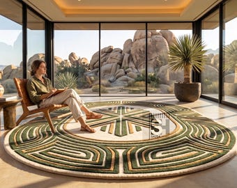 Hand-Tufted Wool Rug | Green Geometric Abstract Circular Carpet