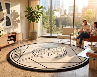 Modern Geometric Wool Rug | Black White Circular Carpet, Minimalist Living Room Decor