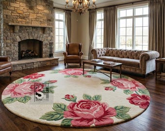 Hand-Tufted New Zealand Wool Rug – Round Rose Floral Carpet