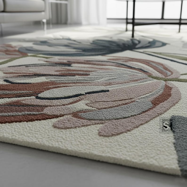 Hand Tufted Wool Floral Area Rug | Modern Botanical Carpet, Pastel ...